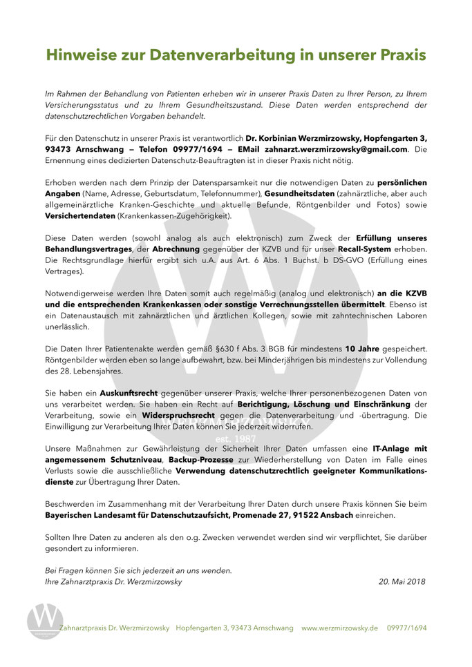 Datenschutz - Zahnarztpraxis Werzmirzowsky