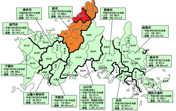 山口県の市町（平成の合併）