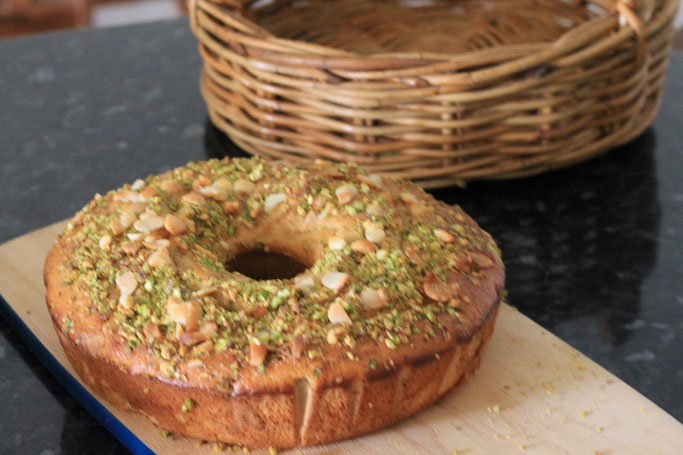 Light and fluffy Apple and Pistachio Tea cake, it's gluten free.