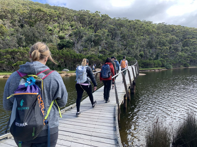 A group of ladies crossing a bridge at Wilsons Prom National Park