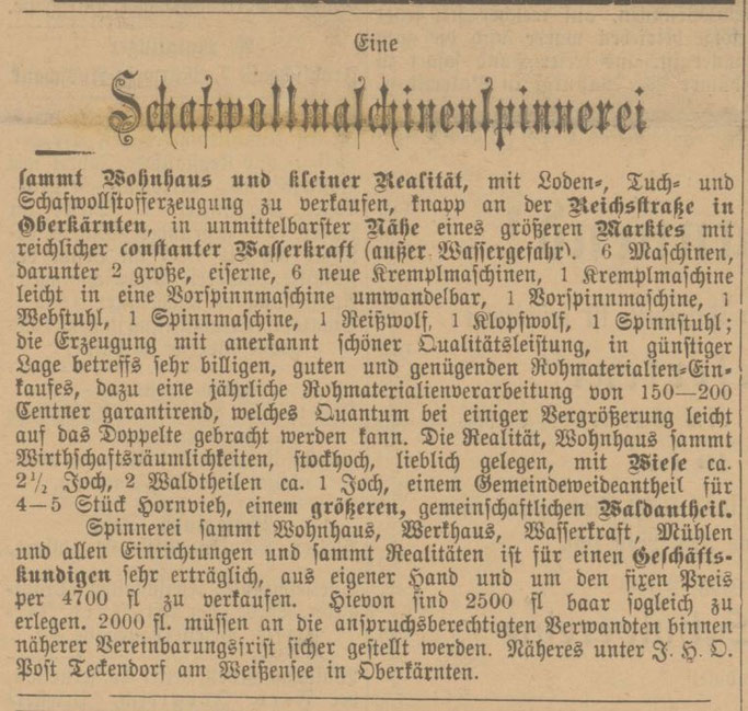 Inserat Schafwollmaschinenspinnerei