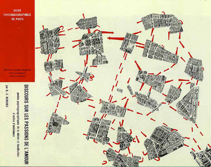 Guy Debord, 1955 (?) "Psychogeographic guide of Paris: edited by the Bauhaus Imaginiste Printed in Dermark by Permild & Rosengreen - Discourse on the passions of love: psychogeographic descents of drifting and localisation of ambient unities" via imaginar