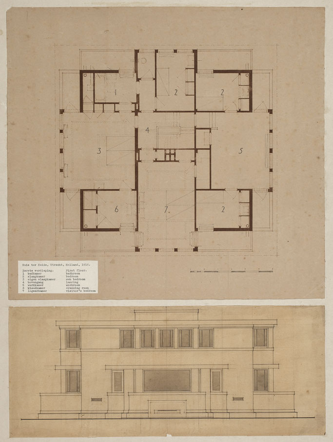 First floor and façade living room side. (Scale 1:50), 1916. NAI Collection, HOFF Archive p7