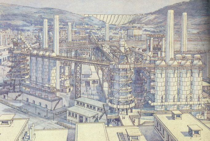 La Cite Industrielle (1917) Metallurgical Factory – View of Furnaces perspective Tony Garnier via penccil