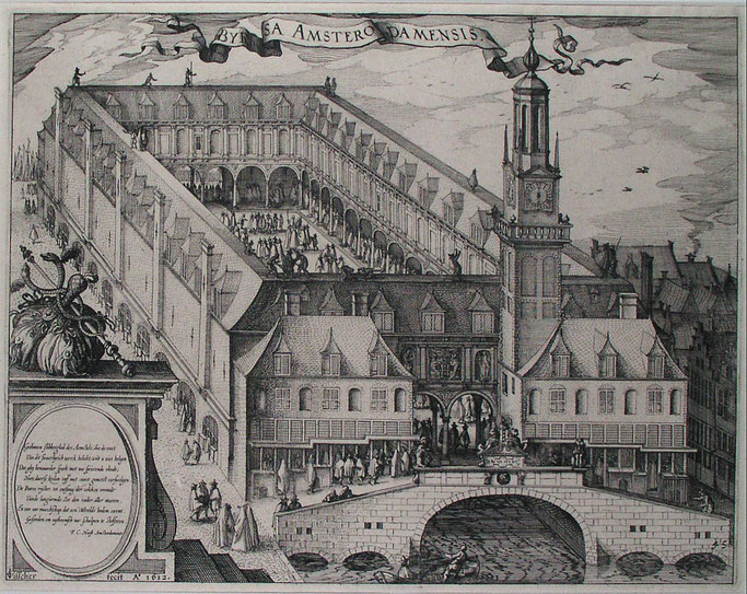 Engraving depicting the Amsterdam Stock Exchange, built by Hendrik de Keyser c. 1612;