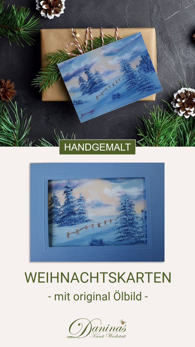 Außergewöhnliche Weihnachtskarten handgemalt - Original Ölbild mit Wintermotiv