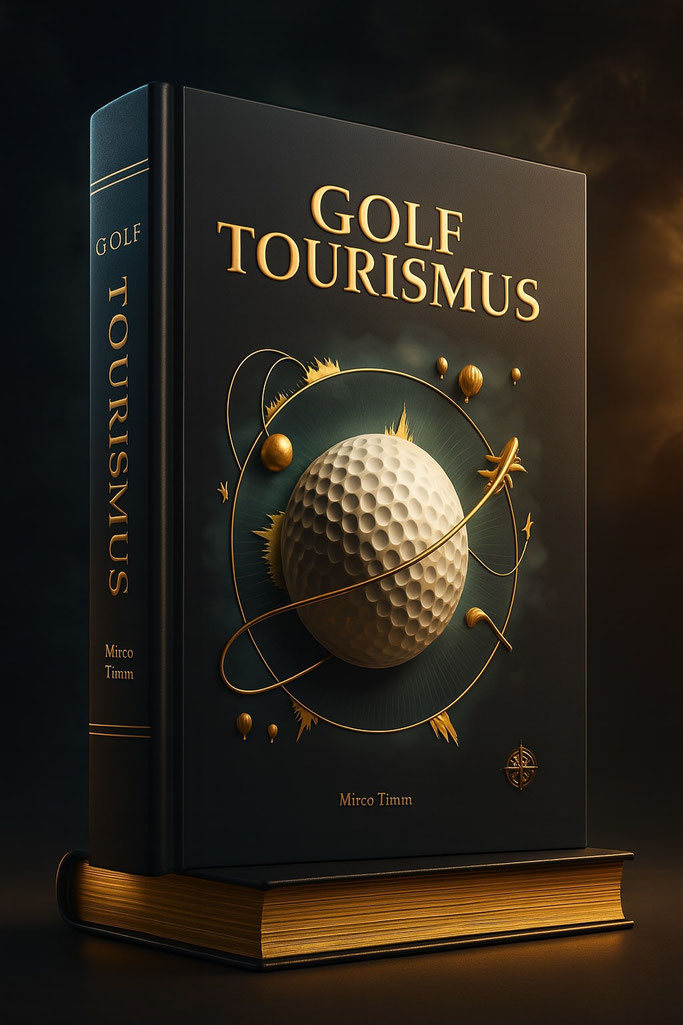 KI generiertes 3D-Mockup des Buches "Golftourismus - Dein Guide für Golfreisen"