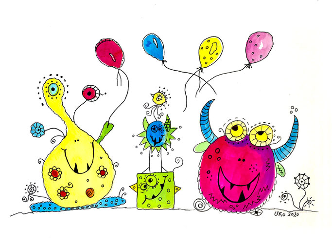 Kleine Monster in Aquarell nach der Funny-Art-Technik der Künstlerin Ursula Konder, UKo-Art