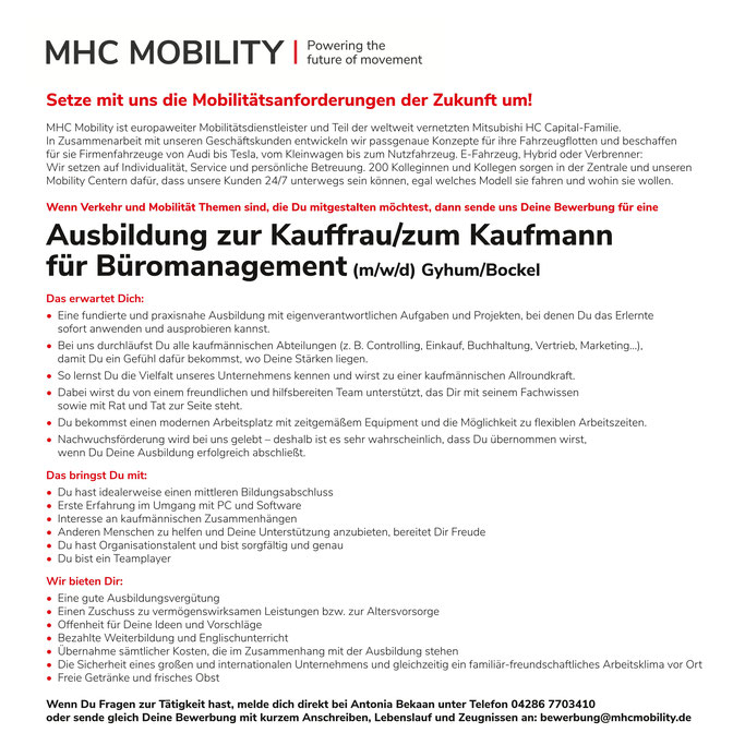 Ausbildung Büromanagement Gyhum Bockel MHC Mobility 2024