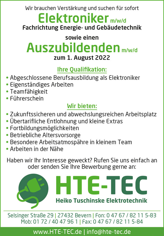 Job Stellenangebote HTE-TEC. Ausbildungsplatz Elektroniker mwd
