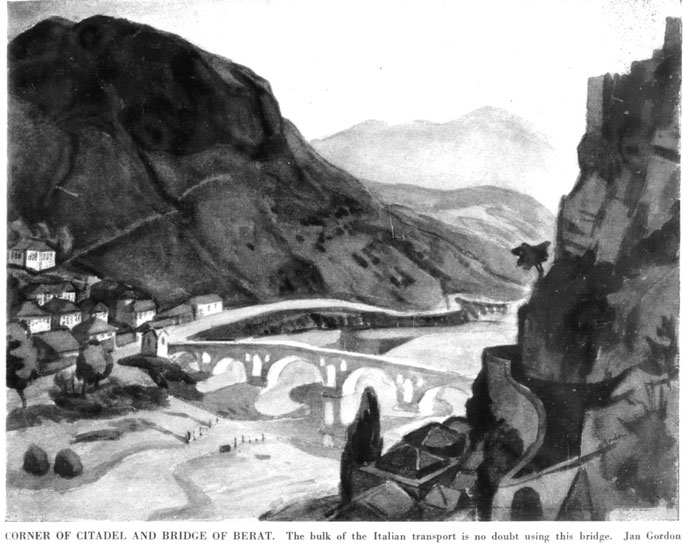 Këndi i kalasë dhe urës së Beratit. Pjesa më e madhe e transportit italian pa dyshim po e përdor këtë urë. Jan Gordon — Burimi : Country Life, 28 dhjetor 1940, f.560 – 562