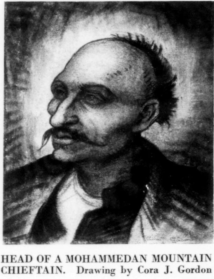Koka e një prijësi malësor mysliman. Vizatim nga Cora J. Gordon. — Burimi : Country Life, 28 dhjetor 1940, f.560 – 562