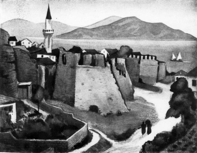 Muret e vjetra veneciane të Durrësit, mjaft të dëmtuara nga tërmetet. Jan Gordon — Burimi : Country Life, 28 dhjetor 1940, f.560 – 562