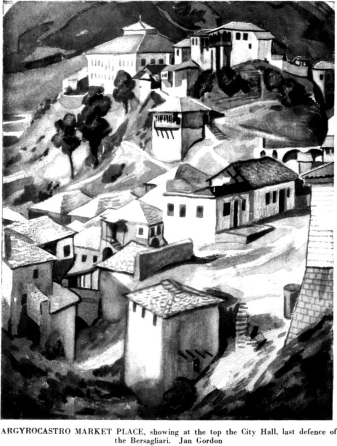 Tregu i Gjirokastrës, ku në krye shihet Bashkia, mbrojtja e fundit e Bersaglierëve. Jan Gordon — Burimi : Country Life, 28 dhjetor 1940, f.560 – 562