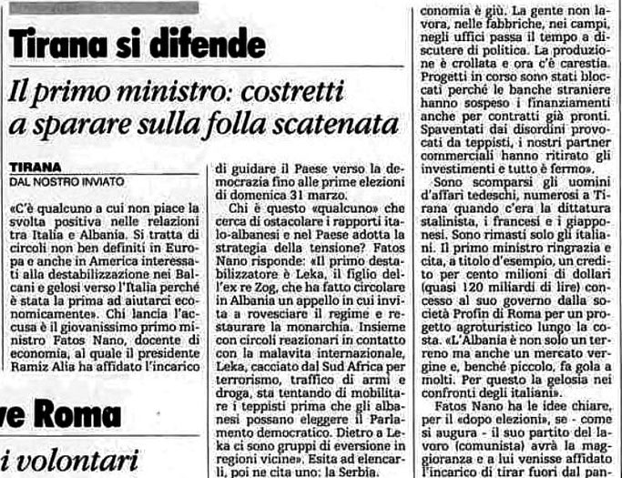 Burimi : La Stampa, e premte, 15 mars 1991, f.9