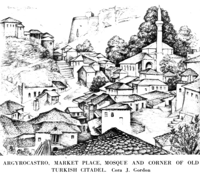 Gjirokastra, tregu, xhamia dhe cepi i kështjellës së vjetër turke. Cora J. Gordon — Burimi : Country Life, 28 dhjetor 1940, f.560 – 562