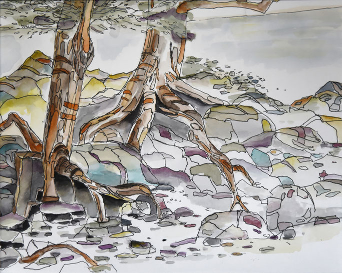 Am Fluss 1, Fineliner u. Aquarell, 40x30, 11/2019