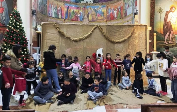 Kinder proben ein Krippenspiel in der Pfarrei „Heilige Familie“ in Gaza. © Pfarrei Heilige Familie Gaza