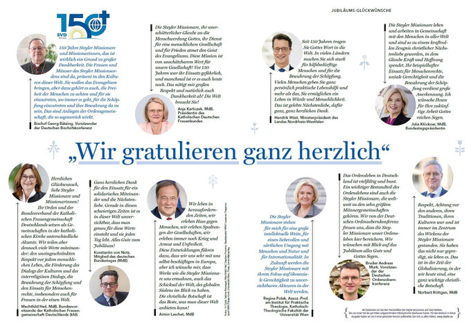 Prominente Glückwünsche zu 150 Jahre Steyler Missionare. Ausschnitt aus dem Magazin 'Leben jetzt' (Quelle: Medienapostolat) 