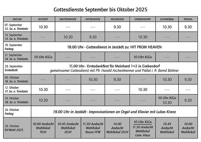 Gottesdienste bis Oktober 2025 im Kirchspiel