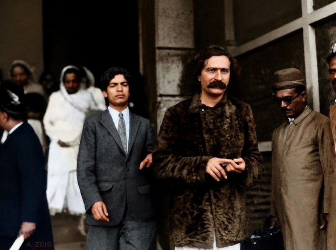 29th Aug. 1931. Meher Baba & Agha Ali arriving at Balland Pier, Bombay, India, prior to boarding the ship SS Rajputana. Image rendition by Anthony Zois.