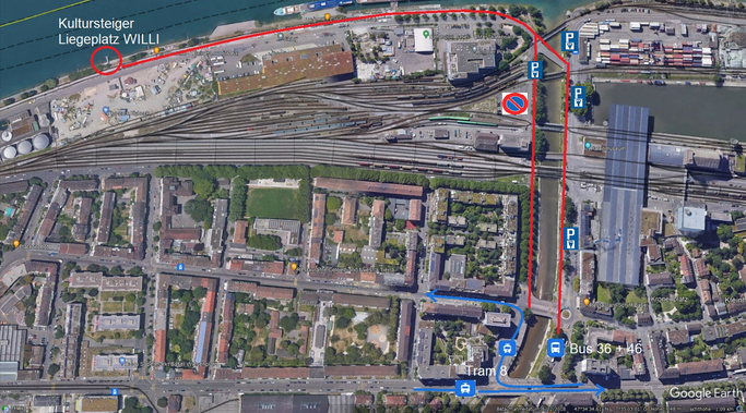 Liegeplatz «Kultursteiger» an der Uferstrasse in Basel-Kleinhüningen (© GoogleEarth)