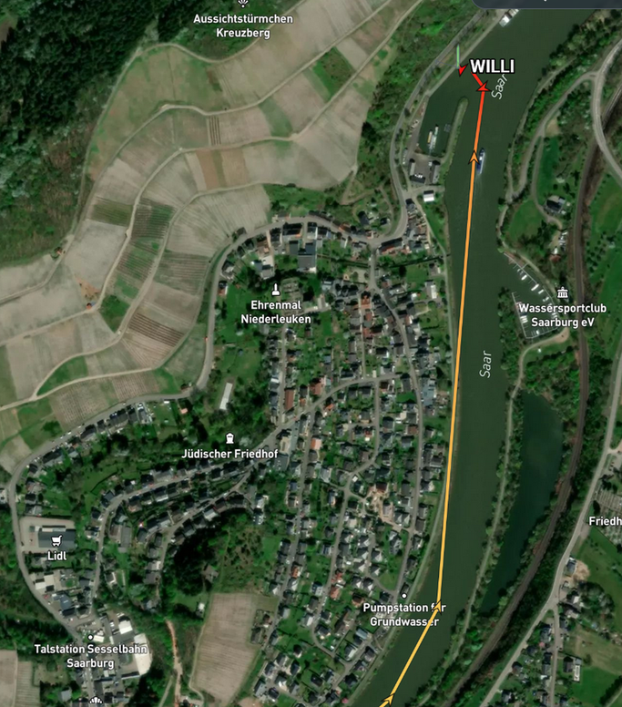 WILLI liegt seit 17:50 Uhr am Liegeplatz Saarburg (© MarineTraffic).
