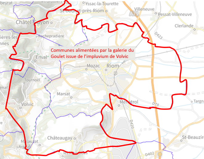 Carte des communes alimentées par la galerie du Goulet - source de volvic