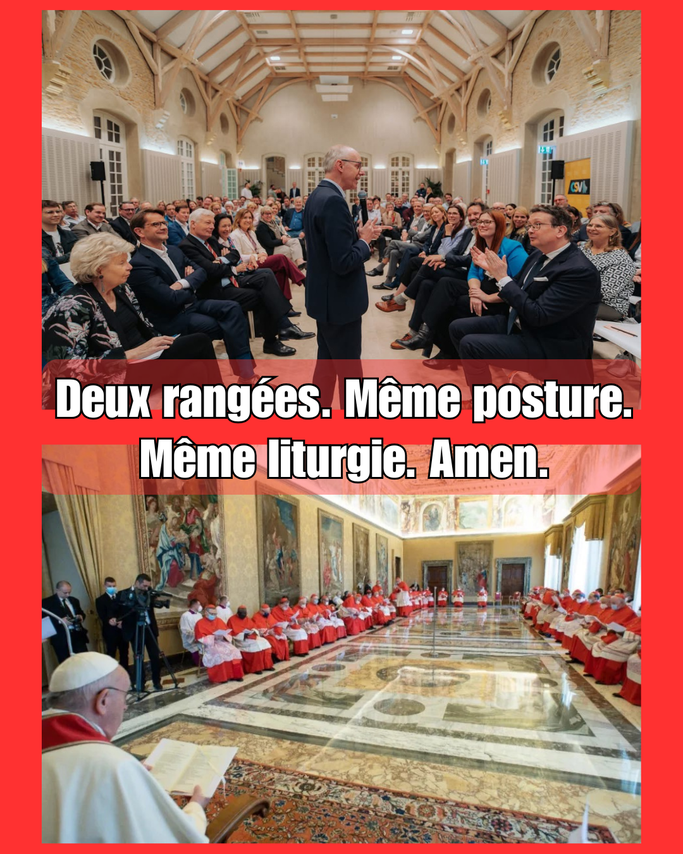 Photomontage satirique comparant le congrès du CSV du 7 mars 2026 à un consistoire au Vatican. Les deux scènes montrent deux rangées de participants se faisant face. Texte au centre : "Deux rangées. Même posture. Même liturgie. Amen."