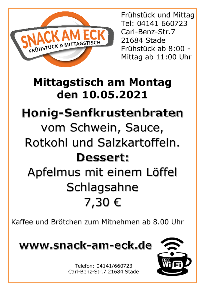 Mittagstisch am Montag den 10.05.2021: Honig-Senfkrustenbraten vom Schwein, Sauce, Rotkohl und Salzkartoffeln. Dessert: Apfelmus mit einem Löffel Schlagsahne  7,30 €