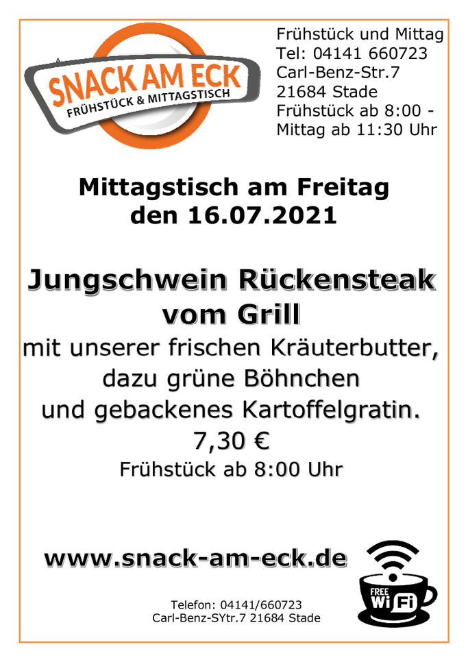 Mittagstisch am Freitag den 16.07.2021: Zwei knusprige Hähnchenkeulen gut gewürzt aus dem Ofen mit Salzkartoffeln und Petersielen-Knoblauch-Mayonnaise dazu unser frischer hausgemachter Gurkensalat. 7,30 €