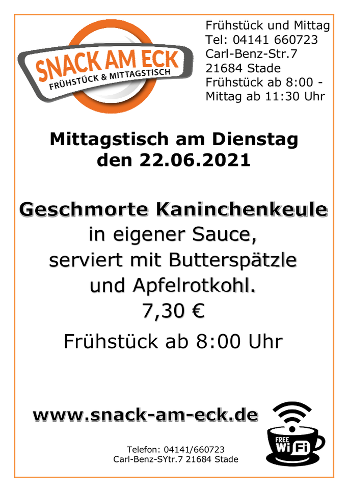 Mittagstisch am Dienstag den 22.06.2021: Geschmorte Kaninchenkeule in eigener Sauce, serviert mit Butterspätzle und Apfelrotkohl. 7,30 €