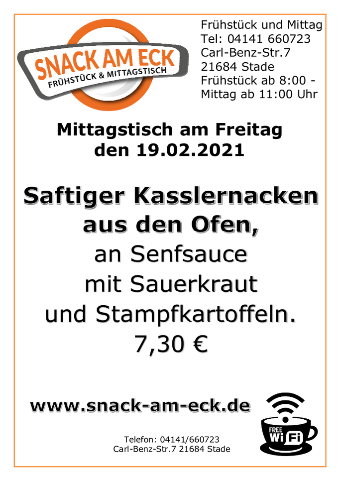 Mittagstisch am Freitag den 19.02.2021: Saftiger Kasslernacken aus den Ofen an Senfsauce mit Sauerkraut und Stampfkartoffeln. 7,30 €