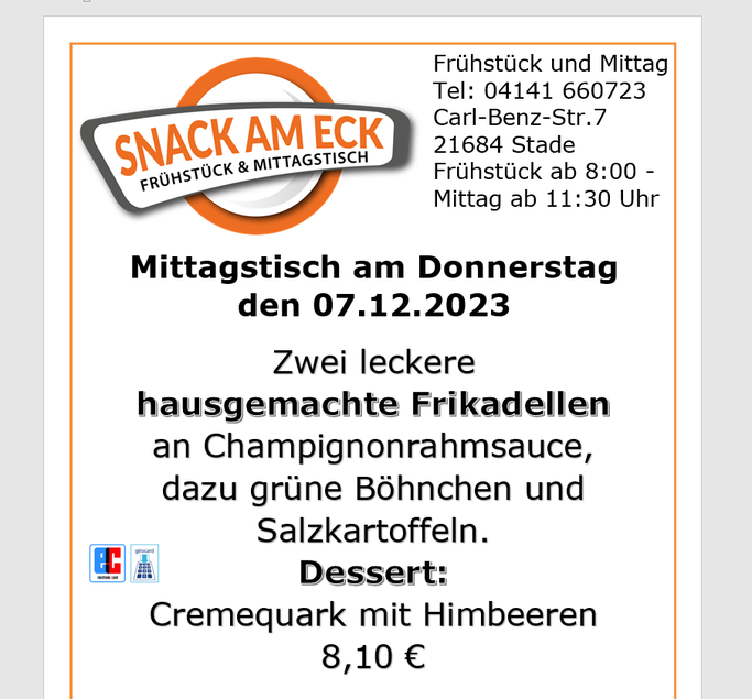 Mittagstisch am Donnerstag den 07.12.2023