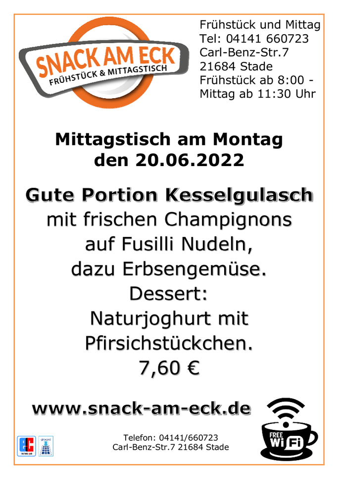 Mittagstisch am mMontag den 20.06.2022