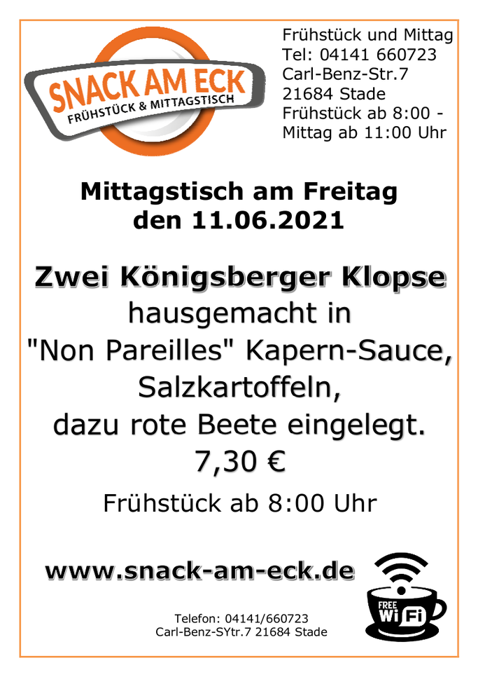 Mittagstisch am Freitag den 11.06.2021: Zwei Königsberger Klopse hausgemacht in "Non Pareilles" Kapern-Sauce, Salzkartoffeln, dazu rote Beete eingelegt. 7,30 €