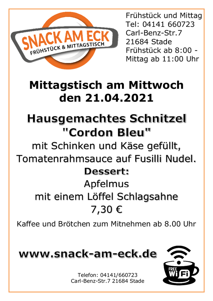 Mittagstisch am Mittwoch den 21.04.2021: Hausgemachtes Schnitzel "Cordon Bleu" mit Schinken und Käse gefüllt, Tomatenrahmsauce auf Fusilli Nudel. Dessert: Apfelmus mit einem Löffel Schlagsahne 7,30 €