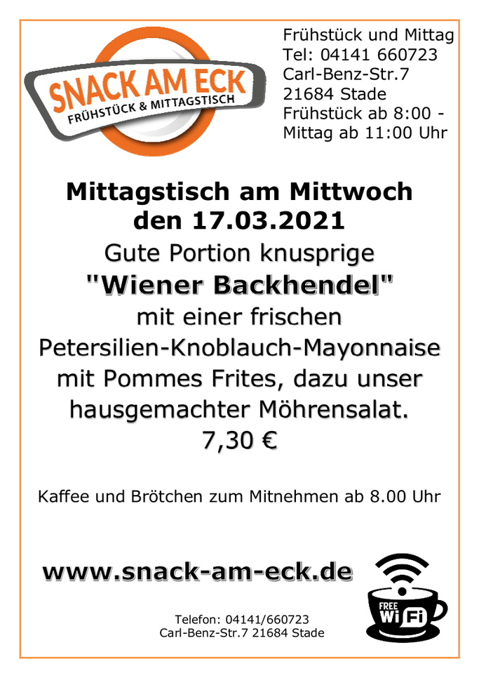 Mittagstisch am Mittwoch den 17.03.2021: Gute Portion knusprige "Wiener Backhendel" mit einer frischen Petersilien-Knoblauch-Mayonnaise mit Salzkartoffeln, dazu unser hausgemachter Möhrensalat. 7,30 €
