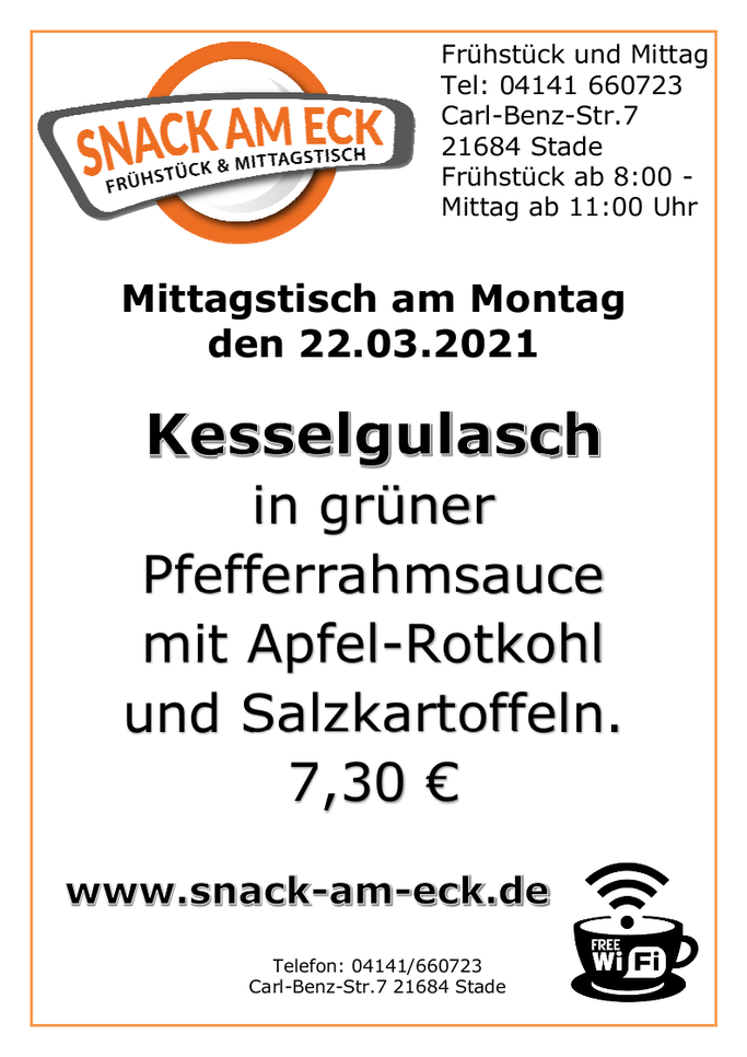 Mittagstisch am Montag den 22.03.2021: Gulasch in grüner Pfefferrahmsauce mit Apfel-Rotkohl und Salzkartoffeln. 7,30 €