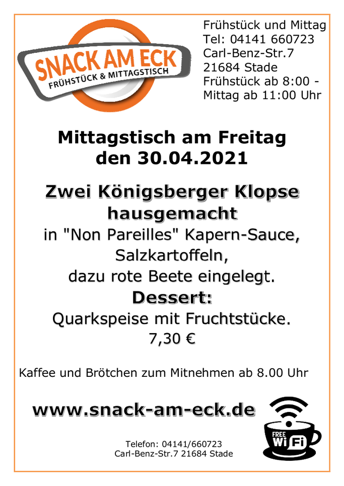 Mittagstisch am Freitag den 30.04.2021: 