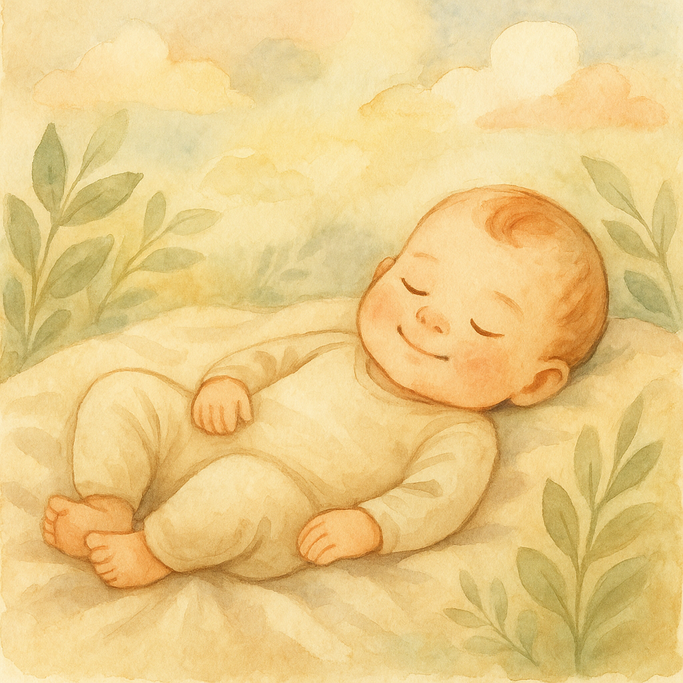 Illustration aquarelle montrant un bébé serein allongé sur une couverture douce, entouré d'éléments naturels apaisants.