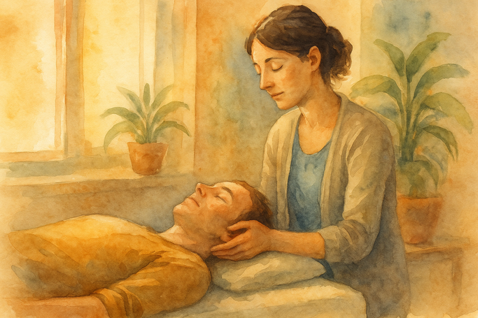 Illustration aquarelle montrant une séance d’ostéopathie apaisante, avec un adulte allongé détendu et une praticienne posant ses mains en douceur, dans une ambiance chaleureuse et naturelle.