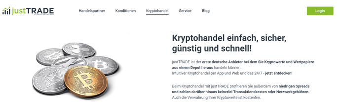 Kryptohandel bei JustTrade - Screenshot der Website