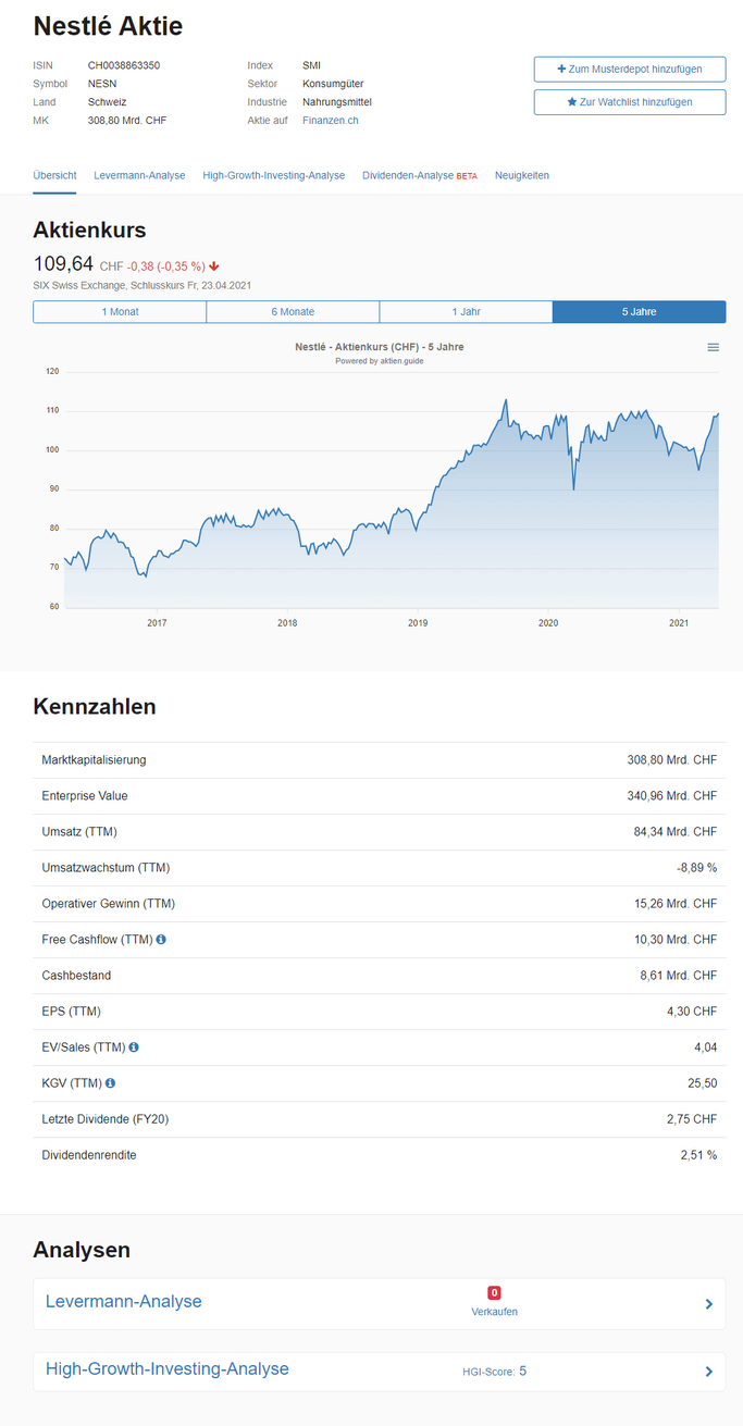 AktienGuide: Weitere Kennzahlen zur Nestle Aktie und Dividende