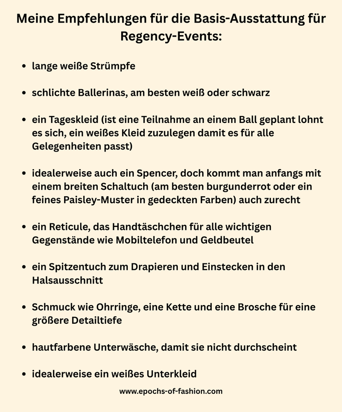 Textgrafik "Meine Empfehlungen für die Basis-Ausstattung für Regency-Events", Epochs of Fashion