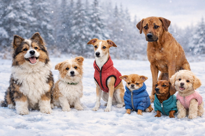 Sieben Hunde unterschiedlicher Größe, Alter, Fellstruktur, Rasse sitzen im Schnee. Mit und ohne Mantel 