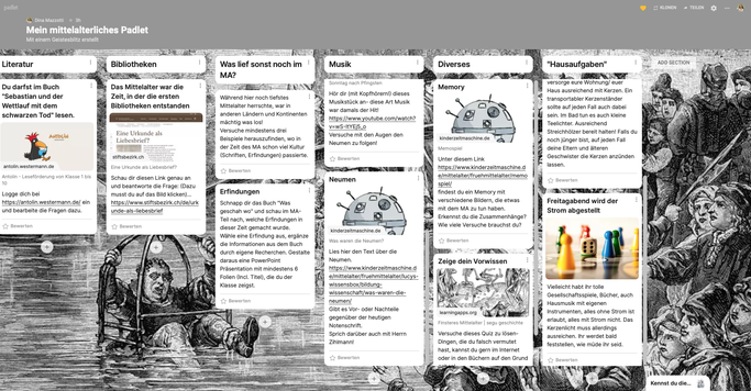 Padlet zum Thema Mittelalter, sechs verschiedene Themenbereiche