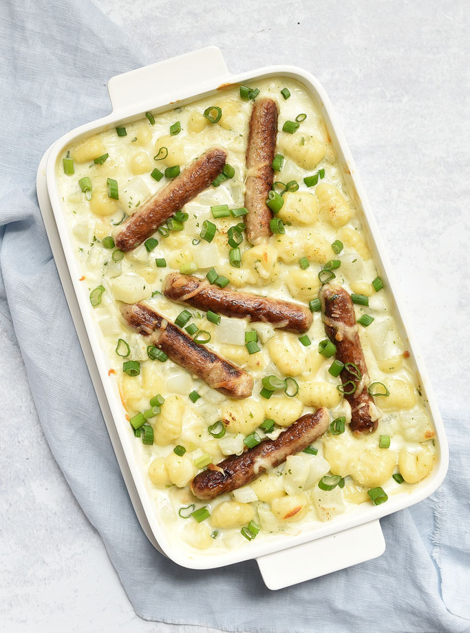 Kohlrabi Gnocchi mit Würstchen