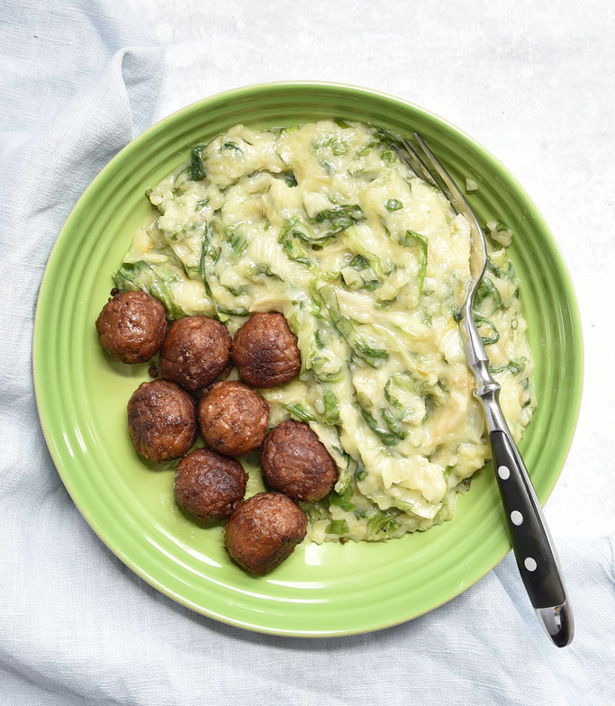 Stamppot mit Endiviensalat und Hackbällchen, holländischer Kartoffelstampf, Thermomix