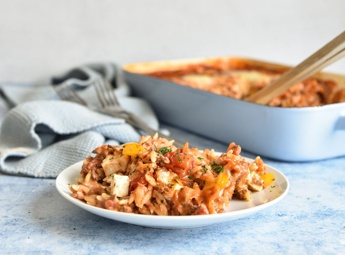Kritharaki Nudelauflauf, ohne Vorkochen der Nudeln, vegetarisch, vegan möglich, z.B. Thermomix